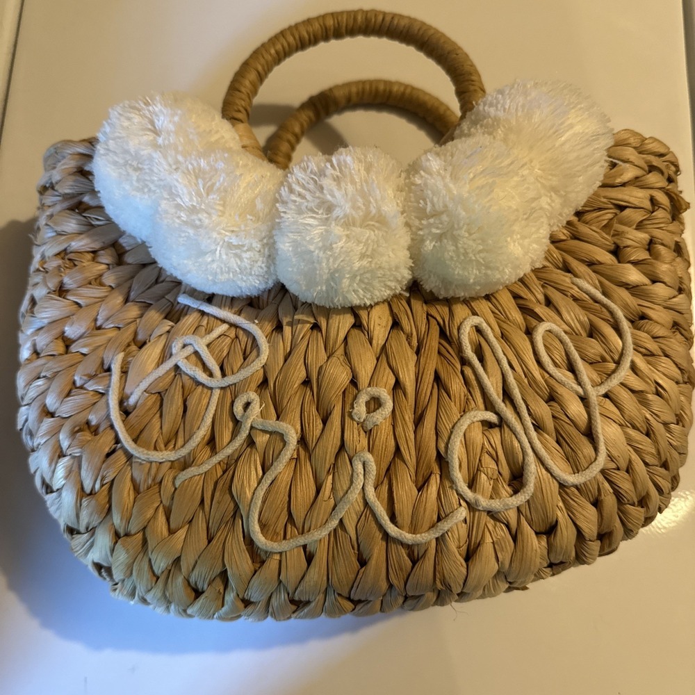 Bride Straw Tote Purse Bag Handmade Honeymoon Pompoms Tan Beige Wicker
